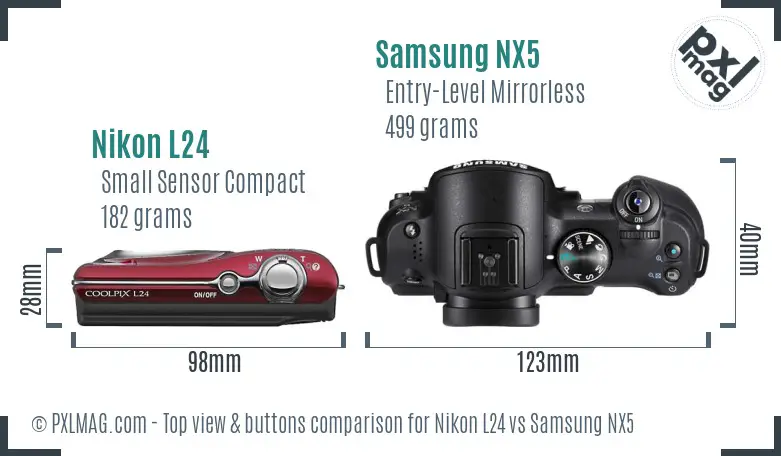 Nikon L24 vs Samsung NX5 top view buttons comparison
