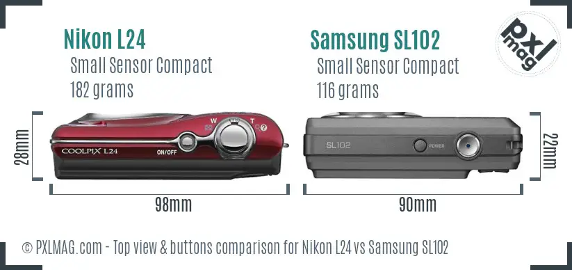 Nikon L24 vs Samsung SL102 top view buttons comparison Nikon L24 vs Samsung SL102 top view buttons comparison
