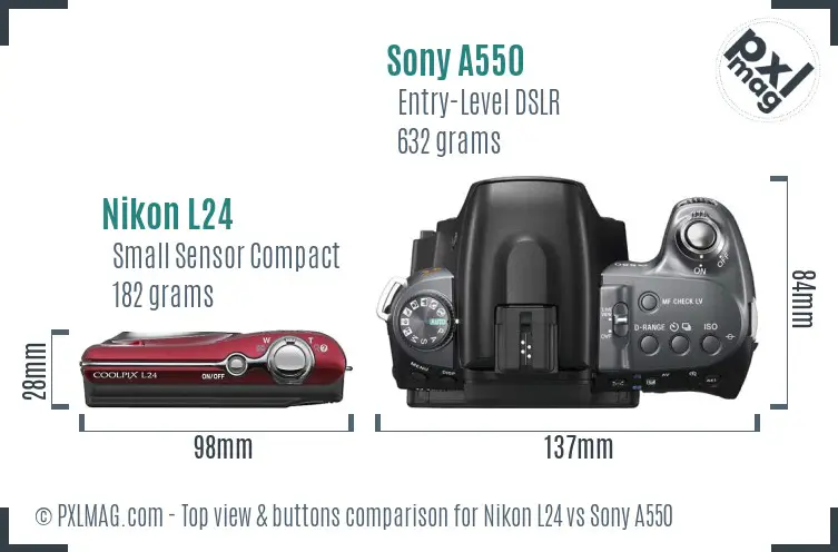 Nikon L24 vs Sony A550 top view buttons comparison