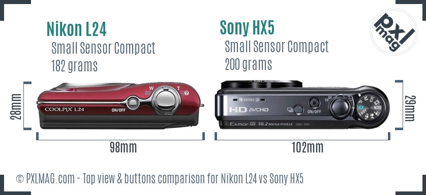 Nikon L24 vs Sony HX5 top view buttons comparison