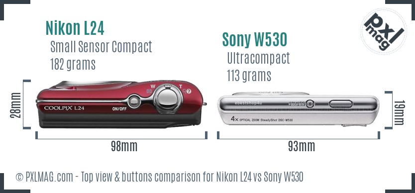 Nikon L24 vs Sony W530 top view buttons comparison