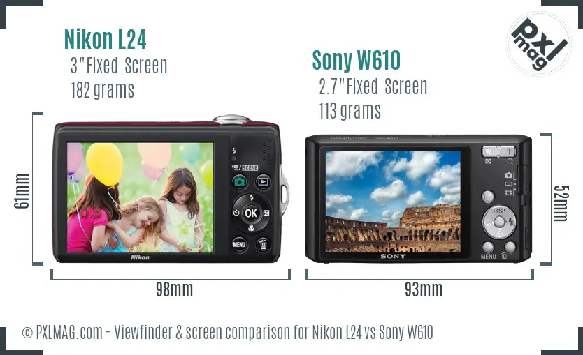 Nikon L24 vs Sony W610 Screen and Viewfinder comparison