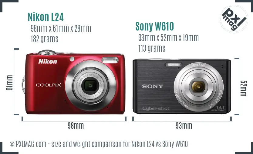 Nikon L24 vs Sony W610 size comparison
