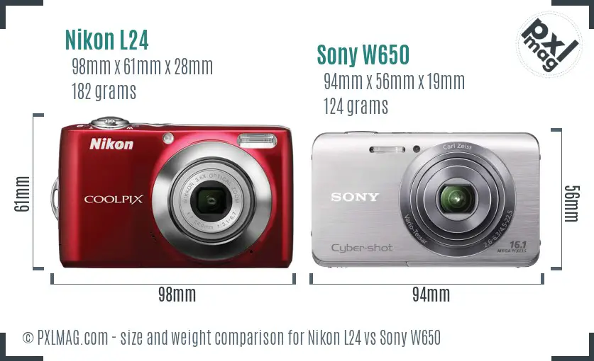 Nikon L24 vs Sony W650 size comparison