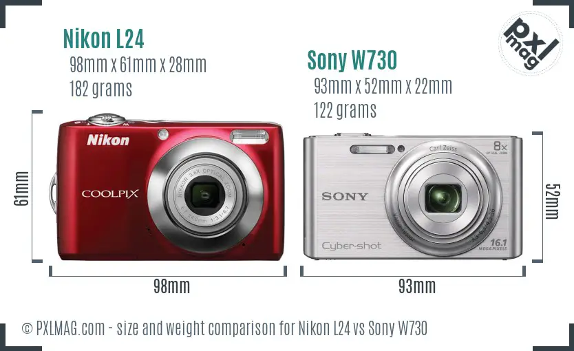 Nikon L24 vs Sony W730 size comparison