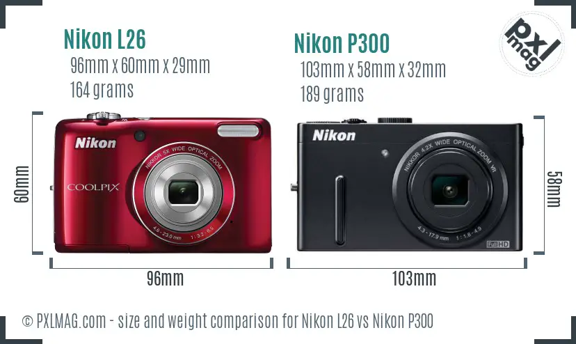Nikon L26 vs Nikon P300 size comparison