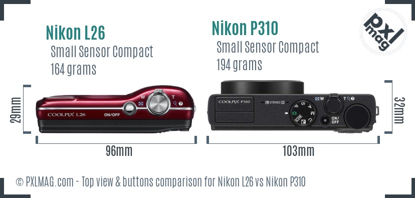 Nikon L26 vs Nikon P310 top view buttons comparison