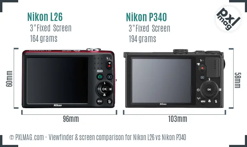 Nikon L26 vs Nikon P340 Screen and Viewfinder comparison