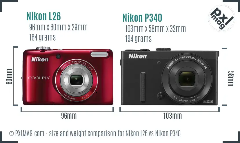 Nikon L26 vs Nikon P340 size comparison