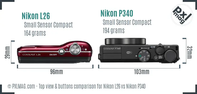 Nikon L26 vs Nikon P340 top view buttons comparison