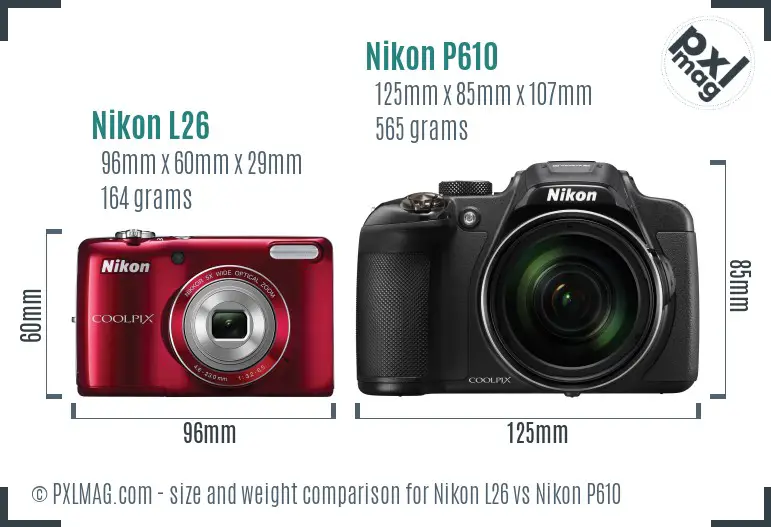Nikon L26 vs Nikon P610 size comparison