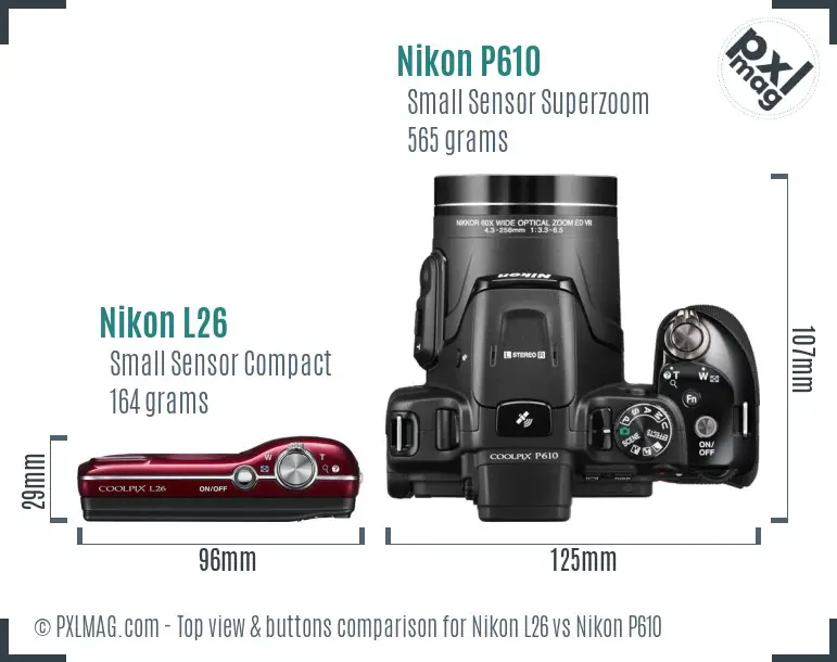 Nikon L26 vs Nikon P610 top view buttons comparison