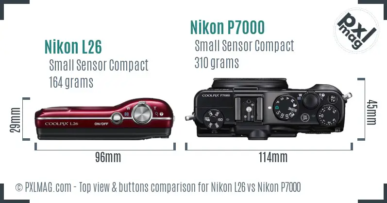 Nikon L26 vs Nikon P7000 top view buttons comparison