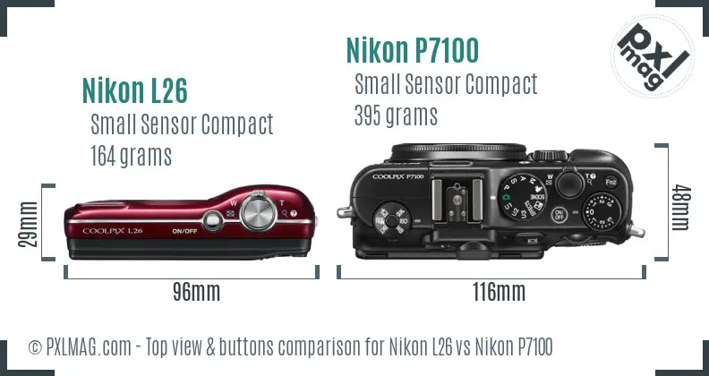 Nikon L26 vs Nikon P7100 top view buttons comparison Nikon L26 vs Nikon P7100 top view buttons comparison