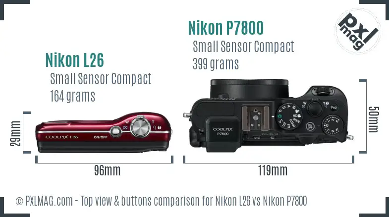 Nikon L26 vs Nikon P7800 top view buttons comparison