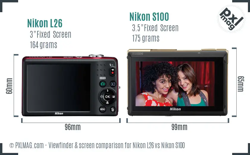Nikon L26 vs Nikon S100 Screen and Viewfinder comparison