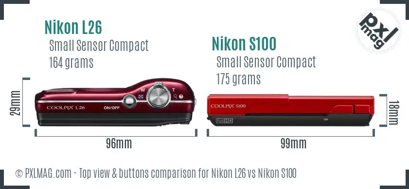 Nikon L26 vs Nikon S100 top view buttons comparison