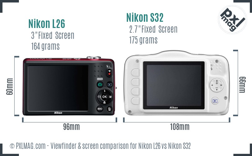 Nikon L26 vs Nikon S32 Screen and Viewfinder comparison