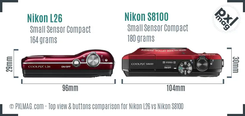 Nikon L26 vs Nikon S8100 top view buttons comparison