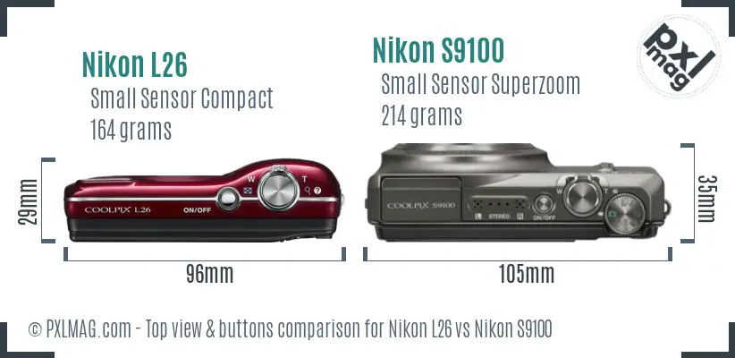 Nikon L26 vs Nikon S9100 top view buttons comparison