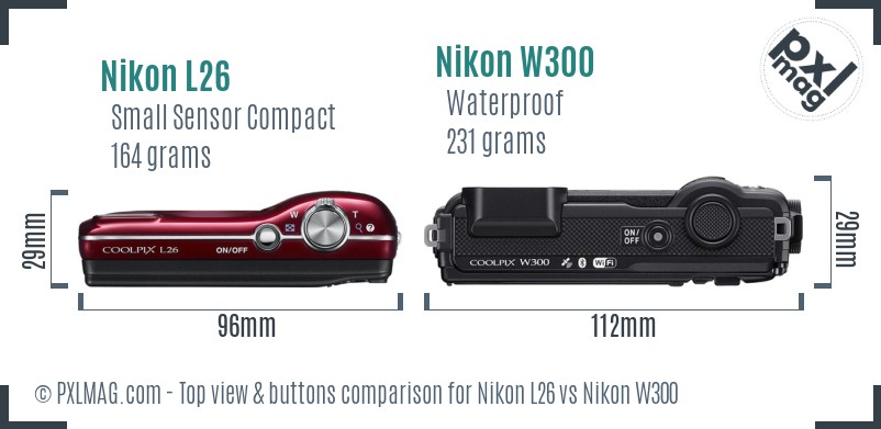Nikon L26 vs Nikon W300 top view buttons comparison
