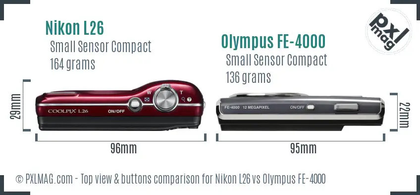 Nikon L26 vs Olympus FE-4000 top view buttons comparison