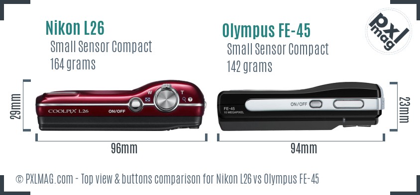Nikon L26 vs Olympus FE-45 top view buttons comparison