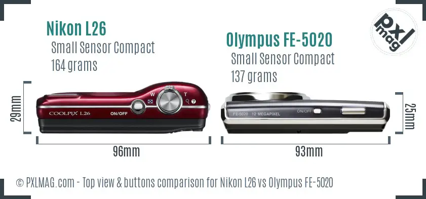 Nikon L26 vs Olympus FE-5020 top view buttons comparison