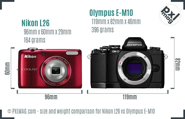 Nikon L26 vs Olympus E-M10 size comparison