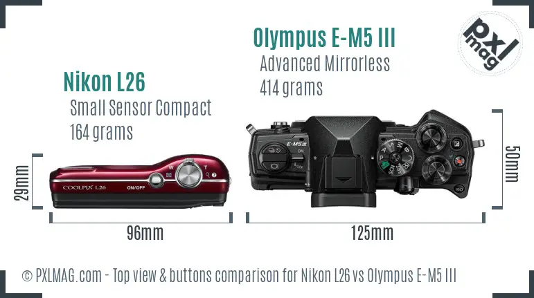 Nikon L26 vs Olympus E-M5 III top view buttons comparison