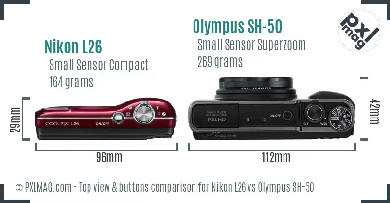 Nikon L26 vs Olympus SH-50 top view buttons comparison