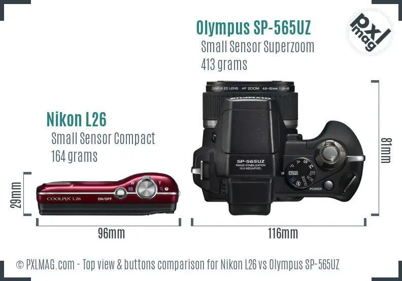 Nikon L26 vs Olympus SP-565UZ top view buttons comparison Nikon L26 vs Olympus SP-565UZ top view buttons comparison