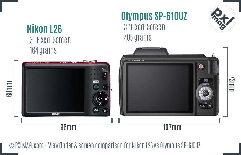 Nikon L26 vs Olympus SP-610UZ Screen and Viewfinder comparison