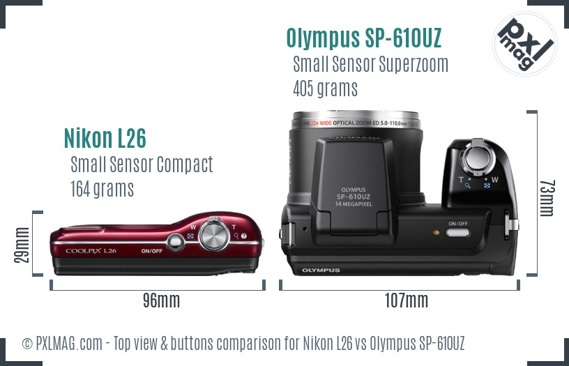 Nikon L26 vs Olympus SP-610UZ top view buttons comparison
