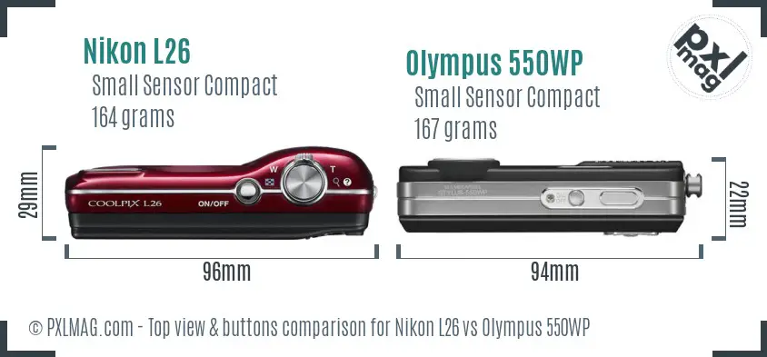 Nikon L26 vs Olympus 550WP top view buttons comparison Nikon L26 vs Olympus 550WP top view buttons comparison