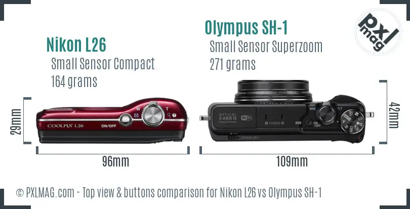 Nikon L26 vs Olympus SH-1 top view buttons comparison