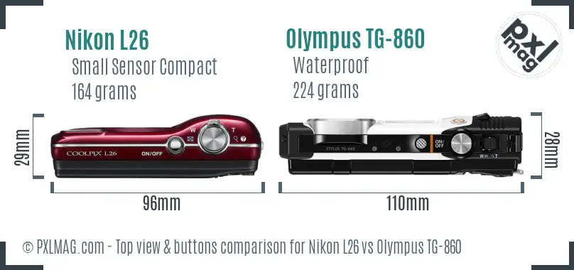 Nikon L26 vs Olympus TG-860 top view buttons comparison Nikon L26 vs Olympus TG-860 top view buttons comparison