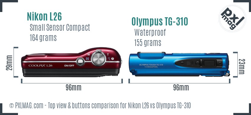 Nikon L26 vs Olympus TG-310 top view buttons comparison