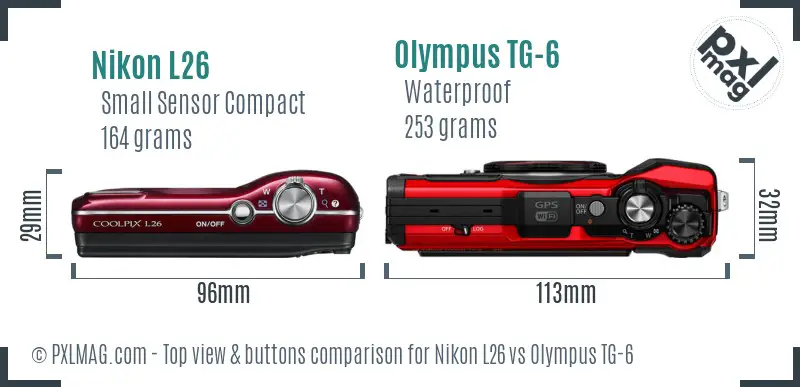 Nikon L26 vs Olympus TG-6 top view buttons comparison Nikon L26 vs Olympus TG-6 top view buttons comparison
