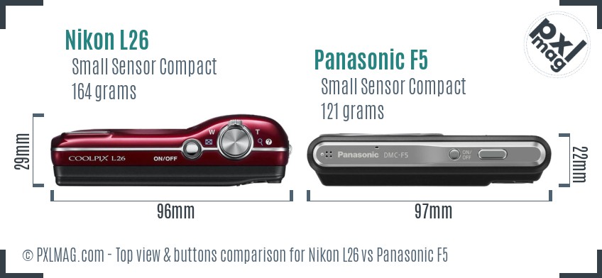 Nikon L26 vs Panasonic F5 top view buttons comparison
