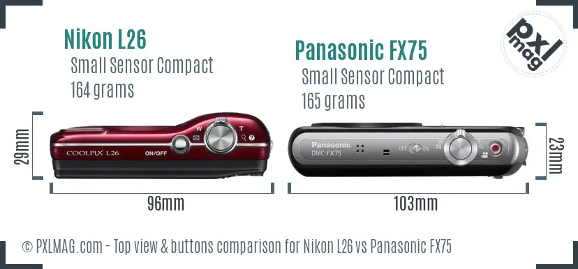 Nikon L26 vs Panasonic FX75 top view buttons comparison