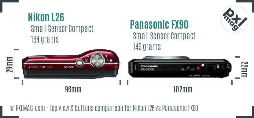 Nikon L26 vs Panasonic FX90 top view buttons comparison