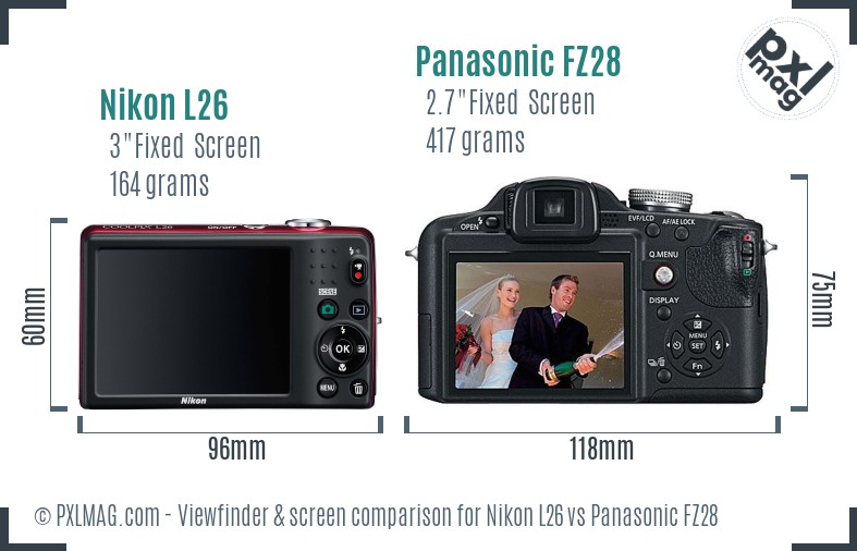 Nikon L26 vs Panasonic FZ28 Screen and Viewfinder comparison