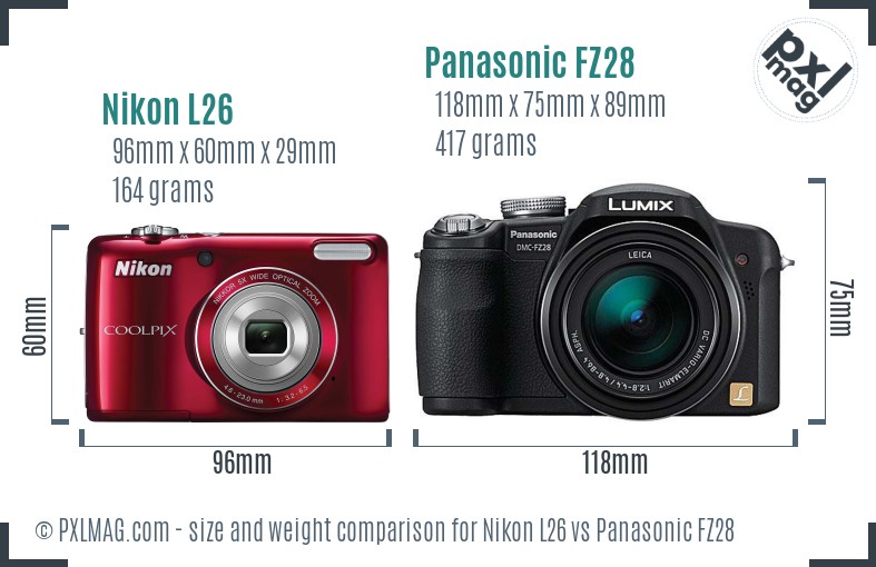 Nikon L26 vs Panasonic FZ28 size comparison