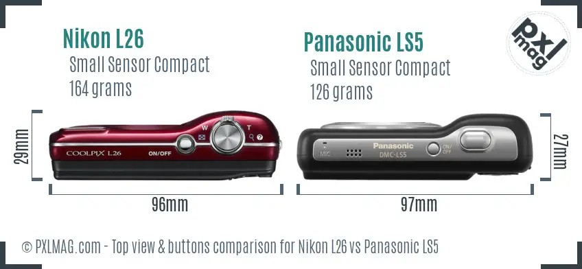 Nikon L26 vs Panasonic LS5 top view buttons comparison Nikon L26 vs Panasonic LS5 top view buttons comparison