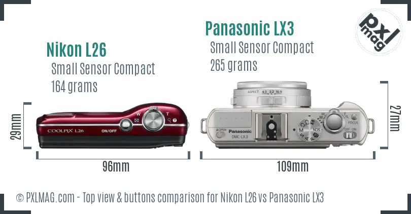 Nikon L26 vs Panasonic LX3 top view buttons comparison