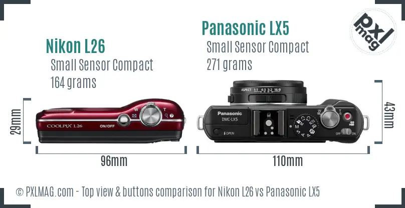 Nikon L26 vs Panasonic LX5 top view buttons comparison