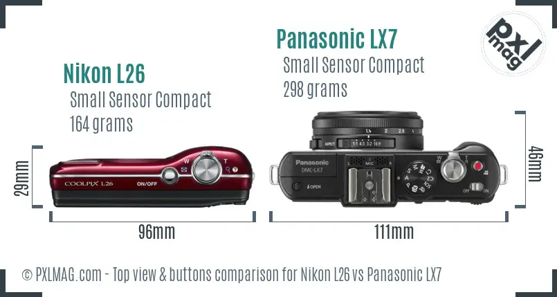 Nikon L26 vs Panasonic LX7 top view buttons comparison