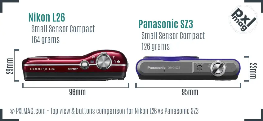 Nikon L26 vs Panasonic SZ3 top view buttons comparison Nikon L26 vs Panasonic SZ3 top view buttons comparison