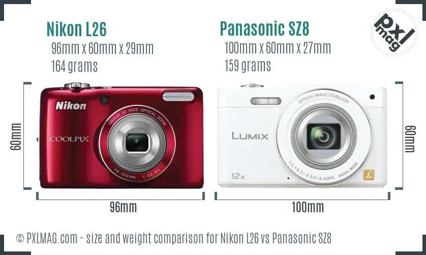 Nikon L26 vs Panasonic SZ8 size comparison